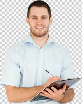Smiling young post employee taking notes on clipboard Stock Photos