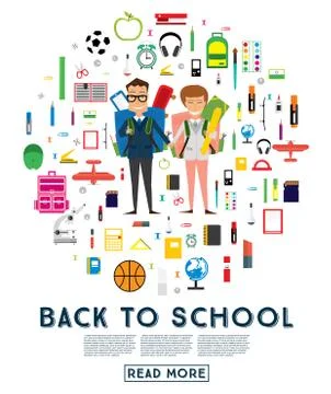 Smiling Young School Boy and Girl in Uniform with Backpack and Supplies. Stock Illustration