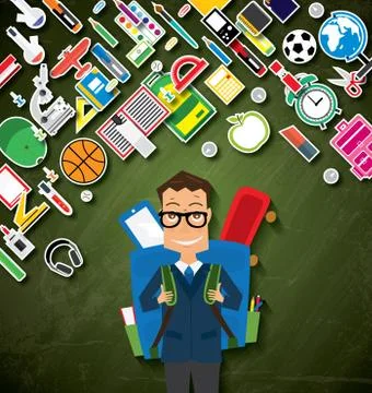 Smiling Young School Boy in Uniform with Blue Backpack and Supplies. Illustrazione stock