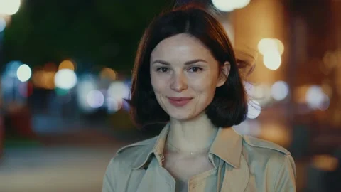 Smiling young woman face looking at camera happy outdoors. Natural beauty lady Video stock 156458558