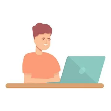 Smilling boy programming icon cartoon vector. Computer technology Stock Illustration