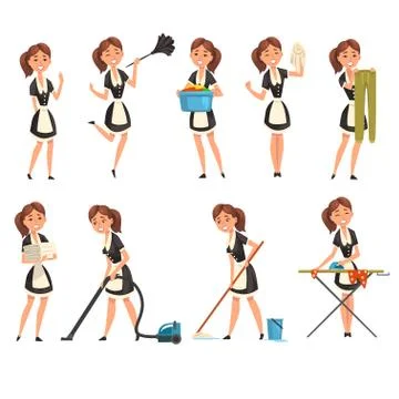 Smilling maid posing in different situations set, housemaid character wearing Stock Illustration