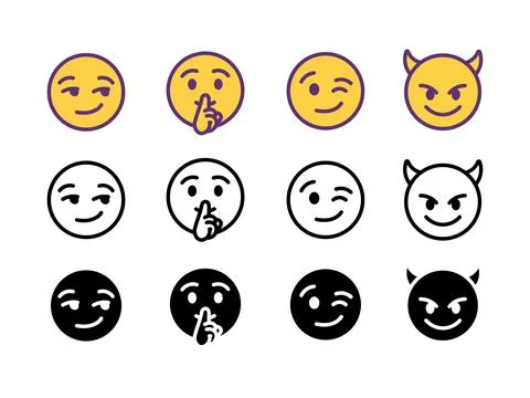 Smirk winks shush and devil emoji face icon set Ilustración de archivo