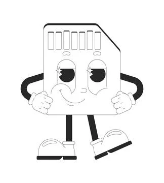 Smirking micro SD card outline groovy mascot character Stock Illustration