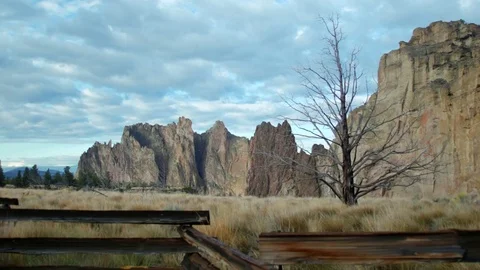 Smith Rock, a rustic Fence and a dead tree Stock Footage 83180480