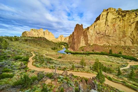Smith Rock State Park Cliffs and River Aerial View Stock Photos