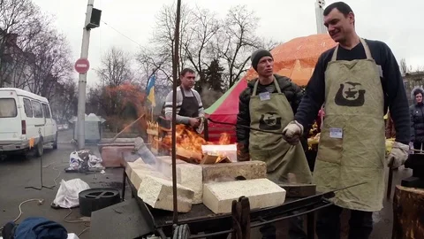 Smiths in Aprons Working With Open Blast Furnace Stock Footage 74793783