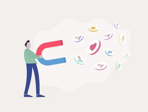 SMM marketer captivates their audience. Man holding strong magnet and attract Stock Illustration