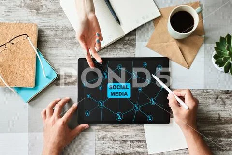 SMM, Social media marketing, communication concept on device screen. Stock Photos