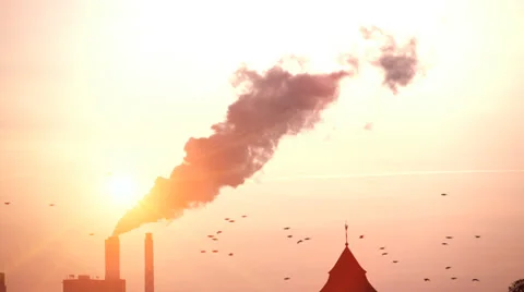 Smog pollution smoke fog cloud. sunset dusk. industrial industry Video stock 33803706