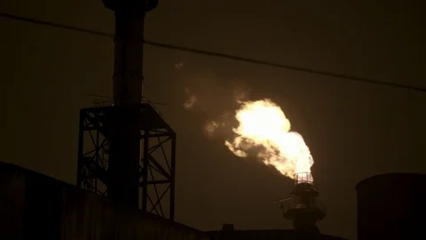 Smoke and gas stacks at night detail on steel mill Stock Footage 89945452