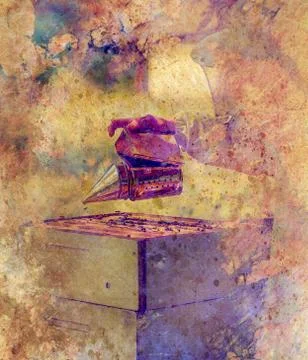 Smoke beekeeper for processing bees by smoke and old photos effect with border. Stockillustratie