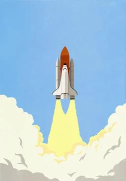 Smoke below rocket launching into blue sky Stock Illustration