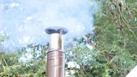 Smoke billows from chimney with forest on the background Stock Footage 194673720