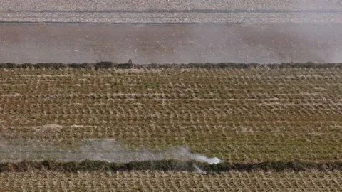 Smoke billows from small fire on dry rice field before planting season Stock Footage 233276005