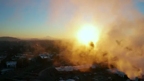 Smoke Cloud Rising up Revealing Mt. Hood at Sunrise in Portland Oregon Stock Footage 147336963