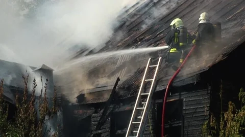 Smoke Clouds From Burnt Building Fire Disaster Accident Fire Fighter at Stock Footage 142773759