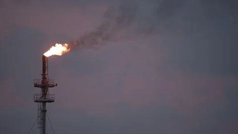 Smoke clouds come out of pipes on refinery factory at sunrise Stock Footage 125230841