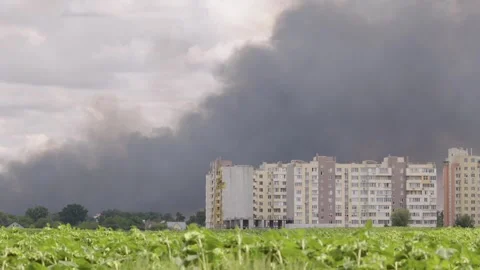 Smoke Clouds Rise into the Sky from a Massive Blaze Stock Footage 343854484