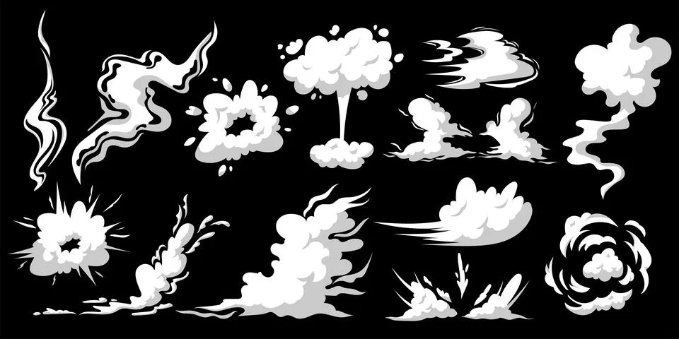 Smoke clouds set, wind stream, comic space. Cartoon dust white silhouette, .. イラスト素材