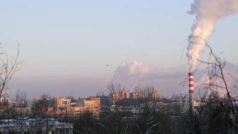 Smoke comes from the chimney of the factory Stock Footage 146809790