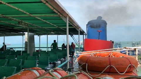 Smoke comes from the ferry pipe. Stock Footage 107075566