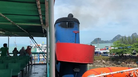 Smoke comes from the ferry pipe. Stock Footage 107075617