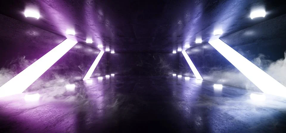 Smoke Dark Empty Sci Fi Futuristic Concrete Grunge Room Cylinder Tube Lights  Stock Illustration