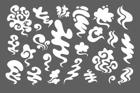 Smoke different shapes set. White cloud fog cigarette fire in cartoon style for Stock Illustration
