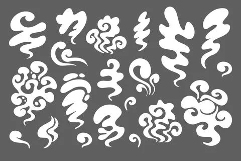 Smoke different shapes set. White cloud fog cigarette fire in cartoon style for Stock Illustration