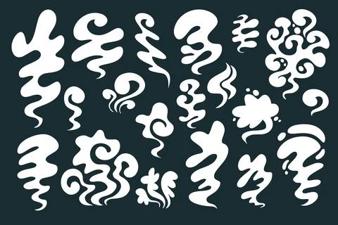 Smoke different shapes set. White cloud fog cigarette fire in cartoon style for Stock Illustration