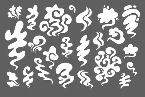 Smoke different shapes set. White cloud fog cigarette fire in cartoon style for Stock Illustration