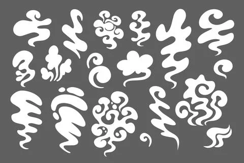 Smoke different shapes set. White cloud fog cigarette fire in cartoon style for Stock Illustration