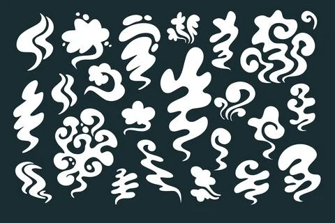 Smoke different shapes set. White cloud fog cigarette fire in cartoon style for Stock Illustration