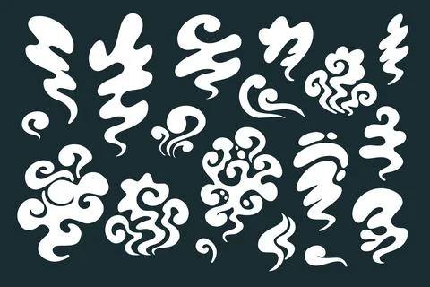 Smoke different shapes set. White cloud fog cigarette fire in cartoon style for Stock Illustration