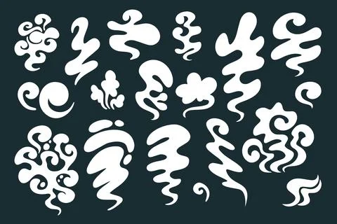 Smoke different shapes set. White cloud fog cigarette fire in cartoon style for Stock Illustration