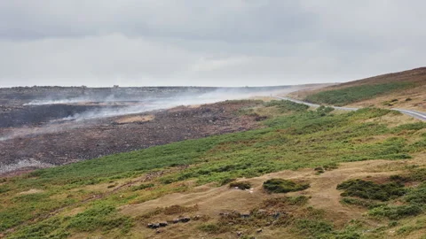 Smoke Drifting Across Burnt Earth and Moorland Hillside, Wide Shot Stock-Footage 343574501