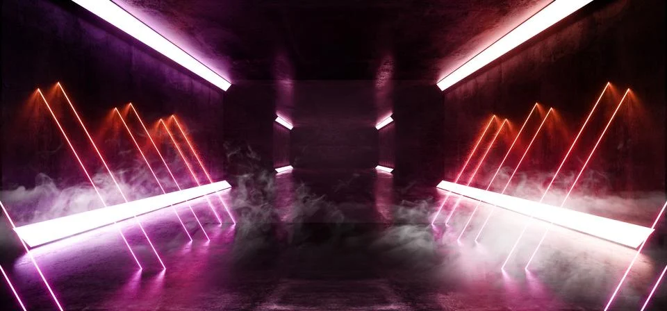 Studio Neon Led Laser Lights Glowing In Wide Garage Podium Car Showroom  Purple Blue Red Grunge Concrete Reflective Floor Sci Fi Futuristic 3D  Rendering Stock Illustration