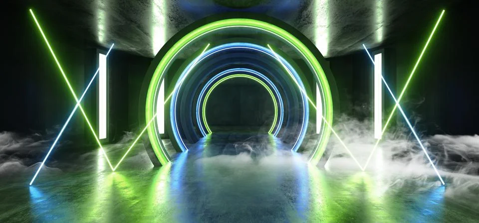 Smoke Future Sci Fi Circle Concrete Grunge Neon Lights Glowing Green Blue Stu 스톡 일러스트