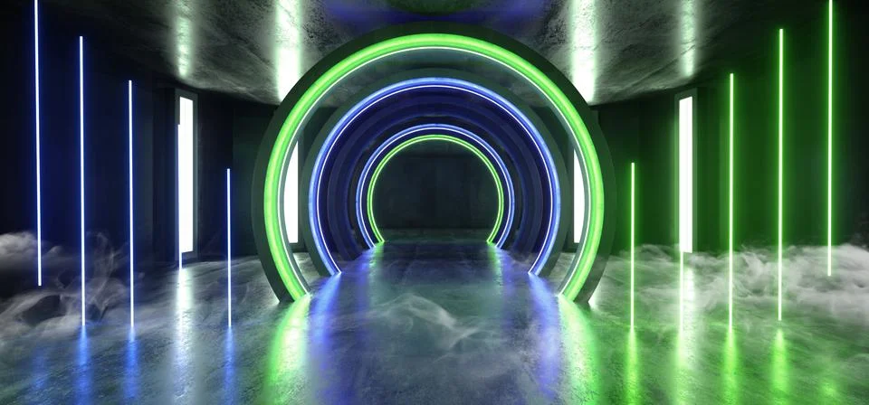 Smoke Future Sci Fi Circle Concrete Grunge Neon Lights Glowing Green Blue Stu Illustrazione stock