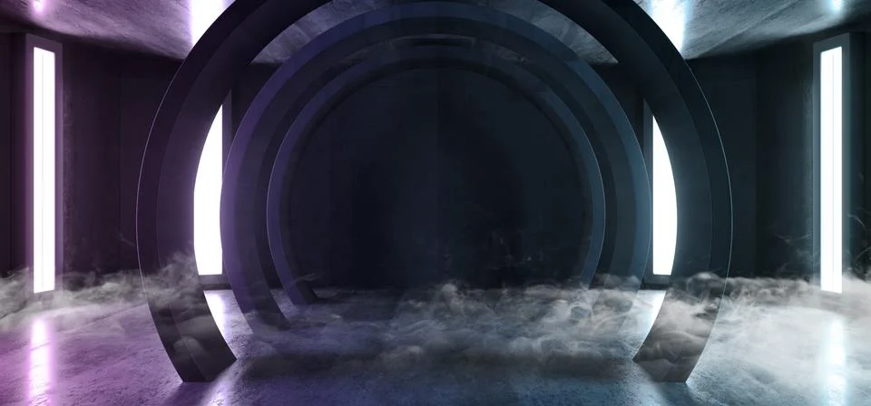 Smoke Future Sci Fi Circle Concrete Grunge Neon Lights Glowing White Studio D 스톡 일러스트
