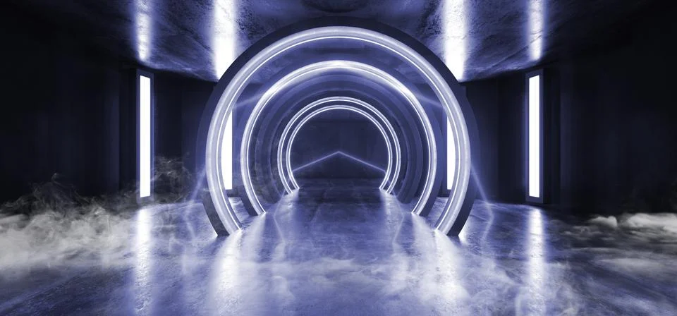Smoke Future Sci Fi Circle Concrete Grunge Neon Lights Glowing Blue Studio Da 스톡 일러스트