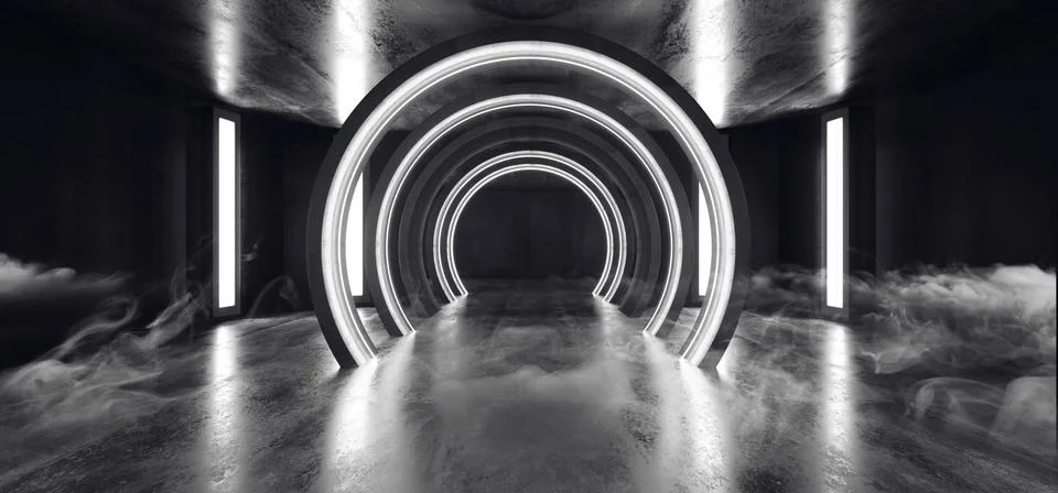 Smoke Future Sci Fi Circle Concrete Grunge Neon Lights Glowing White Studio D Stock Illustration