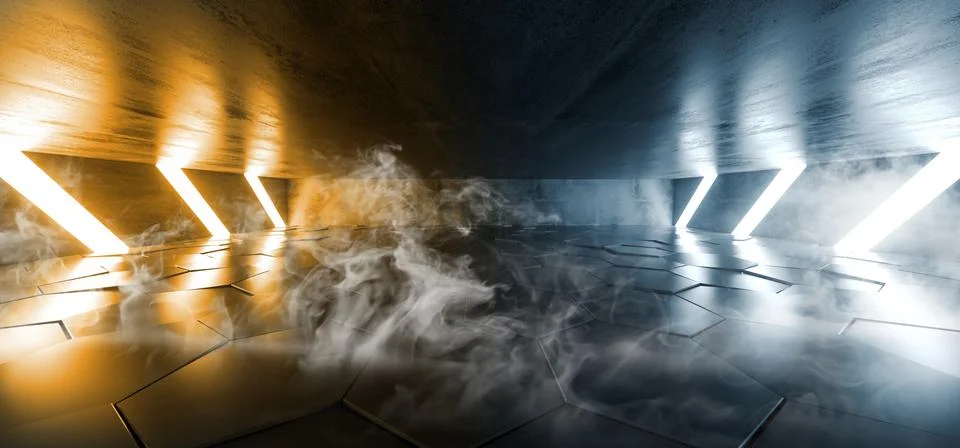 Smoke Future Sci Fi Futuristic Neon Light Glowing Yellow Blue Tiled Hexagon F Illustrazione stock