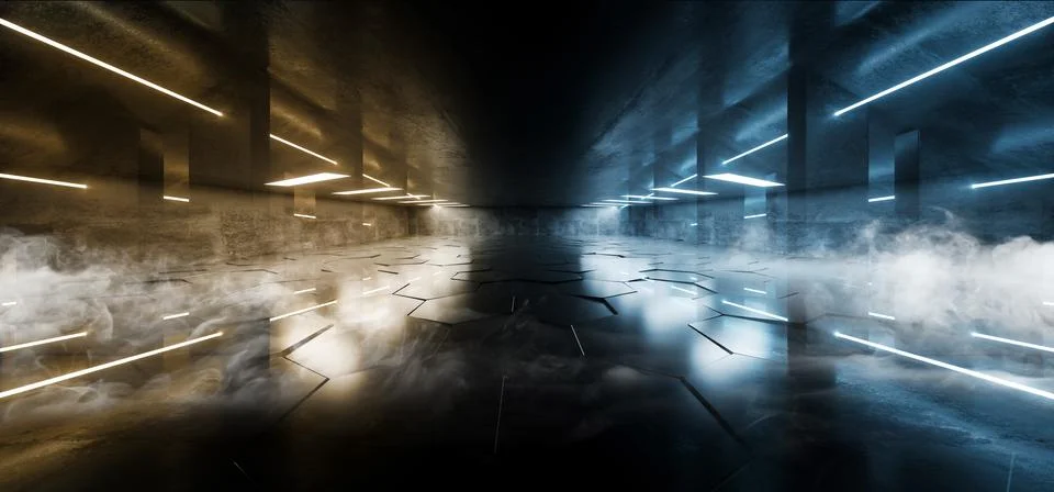 Smoke Future Sci Fi Futuristic Neon Light Glowing Yellow Blue Tiled Hexagon F 스톡 일러스트