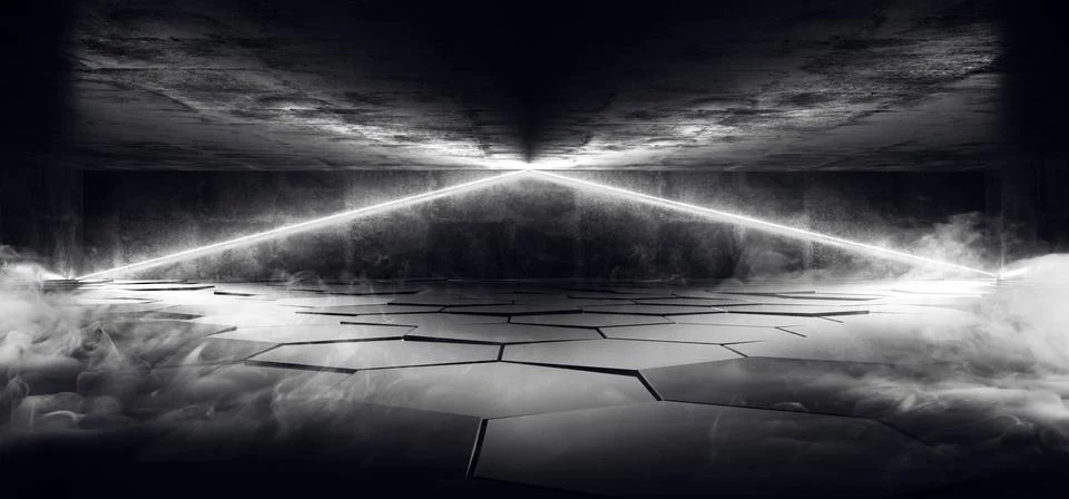 Smoke Future Sci Fi Futuristic Neon Light Glowing White Tiled Hexagon Floor C Illustrazione stock