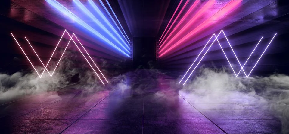 Smoke Hi Tech Sci Fi Futuristic Alien Spaceship Retro Neon Laser Beams Horizo Illustrazione stock