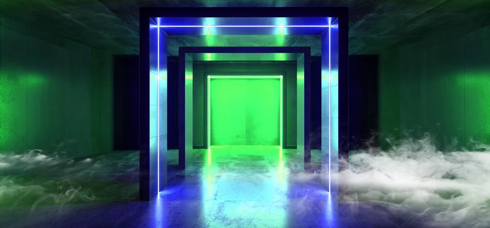 Smoke Neon Lights Rectangle Glowing Green Blue Sci Fi Virtual Futuristic Club 스톡 일러스트