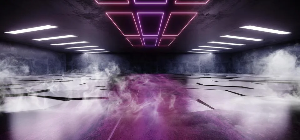 Smoke Neon Lights Virtual Sci Fi Futuristic Glowing Purple Blue Tiled Hexagon Stock Illustration