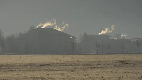 Smoke over the rooftops in early winter Stock Footage 71124116